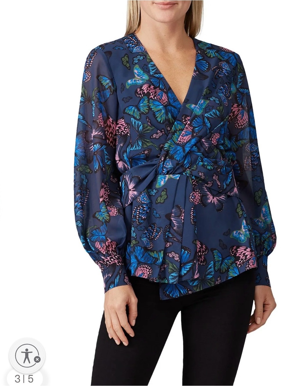 JAYGODFREY Navy Blue Floral Butterfly whimsical Print Wrap Blouse Size 6